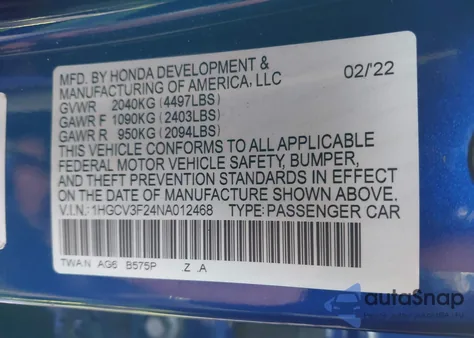 2022 Honda Accord Hybrid Sport z USA, uszkodzony, nr VIN 1HGCV3F24NA012468